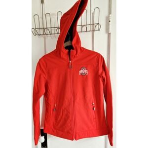 Ohio State Jacket Women Med Red OSU w/ HOOD Softshell Fleece Lined Scarlet &Gray